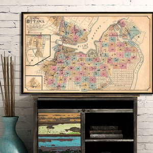 Mapa vintage de Ottawa (Canadá) - Mapa histórico - Planta de Ottawa e seus arredores - Reprodução fina em tela ou papel fosco