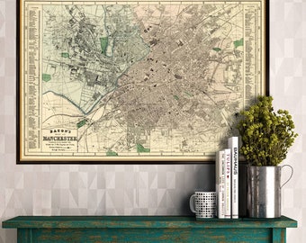 Vintage map of Manchester (UK)  - Old map -  Old city plan  restored - Archival print on paper or canvas