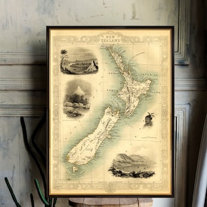 Antike Neuseeland Landkarte Druck - Kunstdruck - Alte Landkarte, Reproduktion auf Papier oder Leinwand