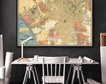 Los Angeles Map - Große Wandkarte - Los Angeles Feindruck auf Papier oder Leinwand, zwei Versionen verfügbar - farbig und sepia