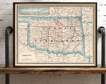 Old map of Oklahoma and Indian Territory historical map -Oklahoma map reproduction on paper or canvas