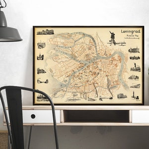 Ancienne carte de Leningrad - Carte illustrée de Saint-Pétersbourg, impression sur papier ou toile
