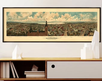 Milwaukee poster , panoramic view - Vintage panoramic map of  Milwaukee  - Large poster print on paper or canvas