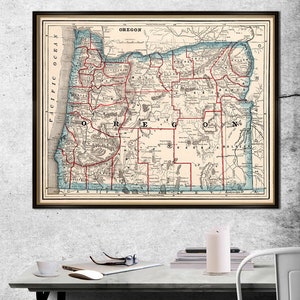 Mapa histórico de Oregón - Mapa antiguo restaurado, letra pequeña, mapa mural impreso en papel o lienzo