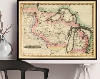 Impressão do mapa de Michigan - Mapa do estado de Michigan - reprodução fina em papel ou tela