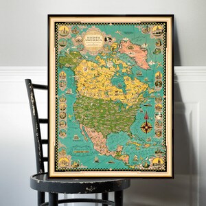 Carte illustrée de l'Amérique du Nord - Impression giclée de carte murale sur papier ou toile