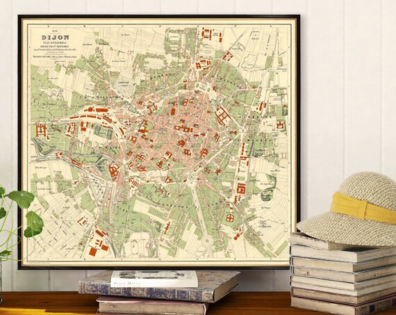 Dijon map - Old map of Dijon print - Fine reproduction - Historical map restored - La carte de Dijon