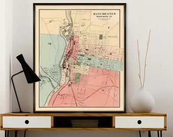 Old map of Manchester - Manchester map print  - Wall map of Manchester