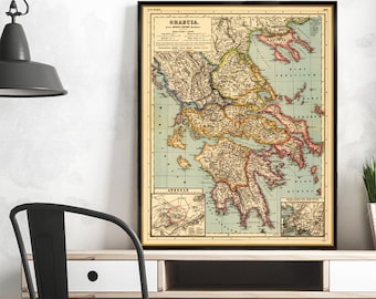 Carte de la Grèce - Carte historique de la Grèce - Ancienne carte imprimée en petits caractères sur du papier couché fin ou sur une toile