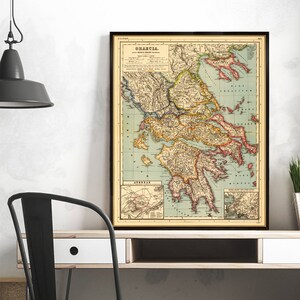 Landkarte Griechenland - Historische Landkarte von Griechenland - Alte Landkarte Feindruck auf edlem Papier oder Leinwand