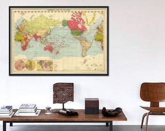 World map poster - Old  map of the world - Wall map  print - Color lithographed map, print on paper or canvas