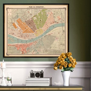 Historische Karte von Budapest (Ungarn), alter Stadtplan im Kleingedruckten, Vintage Wandkarte