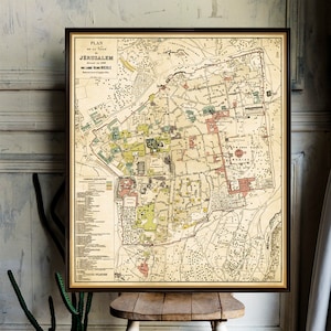 Mapa de Jerusalén - Mapa histórico de Jerusalén - Un mapa antiguo restaurado impreso en papel mate o lienzo de archivo
