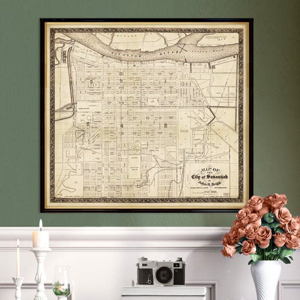 Mapa antiguo de Savannah, mapa histórico restaurado, póster del mapa Hostess City of The South