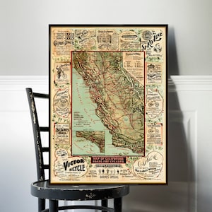 Kaart van de wegen van Californië voor fietsers: decoratieve kaart met zakelijke advertenties, beschikbaar op papier of canvas