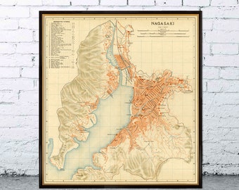 Nagasaki map - Old map fine print on paper or canvas