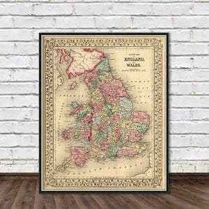 Carte vintage de l'Angleterre et du Pays de Galles - Carte historique - Reproduction d'archives sur papier ou toile - Carte de l'Angleterre - Carte du Pays de Galles