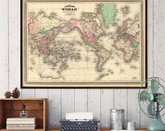 Map of the world  - World wall map - Vintage map of the world archival print - Various sizes, available on paper or canvas