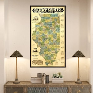 Mappa dell'Illinois - Vecchia mappa dell'Illinois con pubblicità automobilistica - stampa su carta o tela