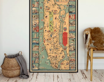 Manhattan pictorial map - Vintage map of Manhattan, historical landmarks, decorative wall map, large poster