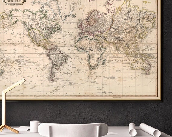 Large map of the world  - Old map with wonderful patina from 1841, giclee reproduction on paper or canvas