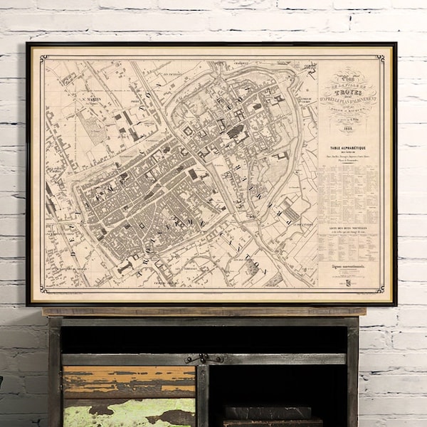Antique map of Troyes - Old city plan, large detailed map of Troyes, historical wall map decor