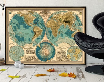 Decorative map of the world  - Old map of the world   -  Giclee print on paper or canvas