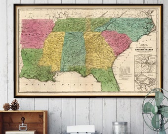 The South - Old map fine print - South East of United States map - Historical map  available on paper or canvas