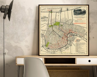 New Orleans map - Old map of New Orleans showing railway system - Fine print on paper or canvas