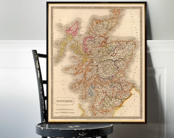 Carte de l'Écosse, fine impression d'archives, reproduction de carte ancienne