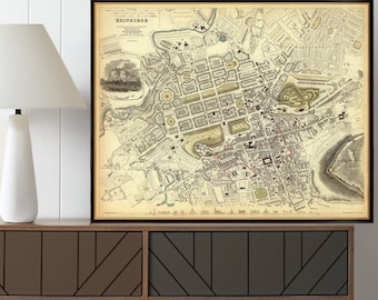 Vintage map of Edinburgh, old city map from 1843, Auld Reekie historical map