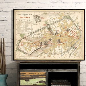 Provins map - Monumental map of Provins - Pictorial map archival reproduction on paper or canvas