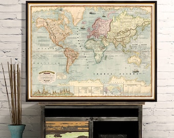 Map of the world - Decorative map - Vintage map restored - Planisferio illustrato, available on coated fine paper or matte canvas