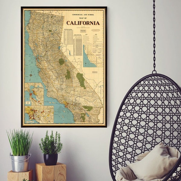 Grande carte de la Californie - impression d’archives de cartes vintage, carte détaillée de la Californie, carte scolaire du milieu du siècle