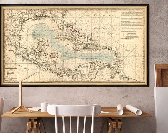 Gulf of Mexico old map, detailed antique map, Antilles, West Indies,  Florida, Haiti, Caribbean Sea