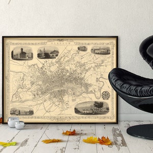 Glasgow map -  Old city map of Glasgow with illustrations, sepia tones,poster fine print