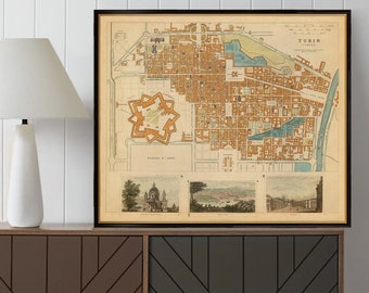 Turin antique map, wonderful city plan with illustrations, old map restored