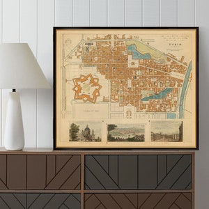 Turin Antike Landkarte, wunderbarer Stadtplan mit Illustrationen, alte Karte restauriert