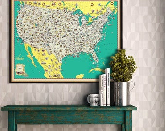 US map - Pictorial map of US - US wall map - Fine print - Large map illustrated - Travel map print on paper or canvas