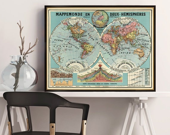Mappemonde en deux hemispheres - World map in two hemispheres  - Old map giclee reproduction on paper or canvas