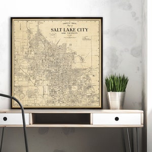 Kaart van Salt Lake City: oude kaart uit 1930, giclee-reproductie, beschikbaar op papier of canvas
