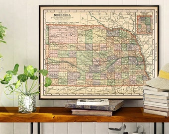 Nebraska map - Vintage map of Nebraska fine print - Archival reproduction on paper or canvas