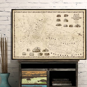Old map of Trenton from 1849 - Historical map restored, wall art industrial style, city plan with illustrations