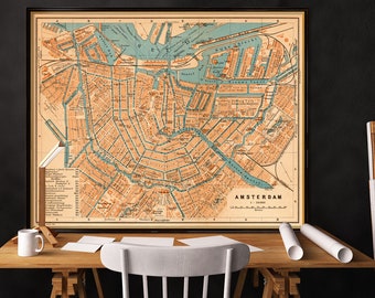 Carte d'Amsterdam - carte vintage d'Amsterdam - impression fine sur du papier couché fin ou sur toile