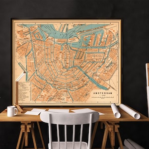 Carte d'Amsterdam - carte vintage d'Amsterdam - impression fine sur du papier couché fin ou sur toile