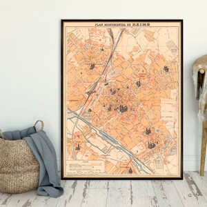 Carte de Reims, carte monumentale de Reims, impression giclée fine sur papier ou toile, décoration de style vintage