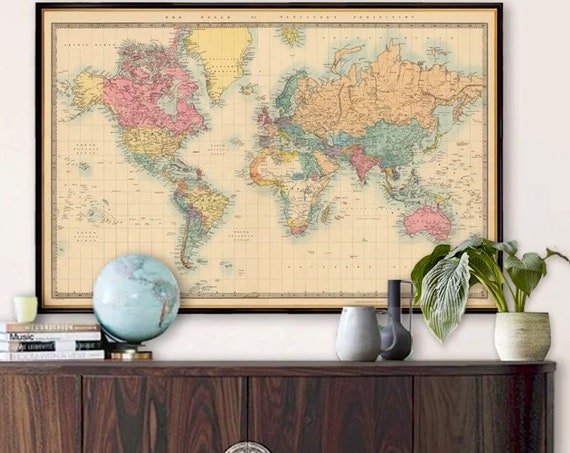 Wonderful map of The World from 1872, World map poster, vintage style wall map, great home decor
