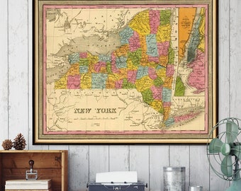 New York map - Vintage map of  New York state, Empire State map, housewarming decor