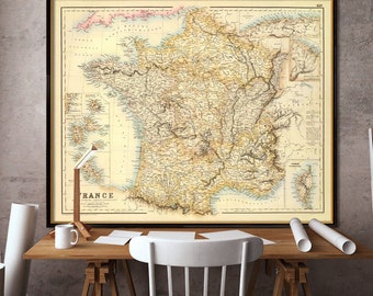 France map, decorative old map of France, carte de la France, restored map from 1972, right after Franco-German war