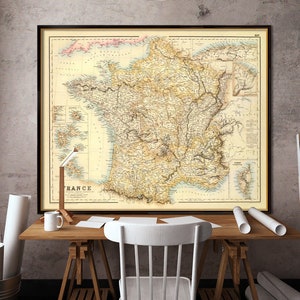 Mapa da França, mapa antigo decorativo da França, carte de la France, mapa restaurado de 1972, logo após a guerra franco-alemã